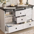 Commode de ferme de 114 cm - 4 tiroirs et portes coulissantes style grange, meuble TV pour chambre et salon