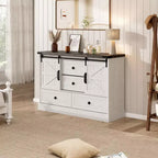 Commode de ferme de 114 cm - 4 tiroirs et portes coulissantes style grange, meuble TV pour chambre et salon
