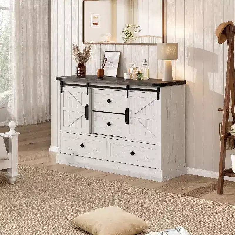 Commode de ferme de 114 cm - 4 tiroirs et portes coulissantes style grange, meuble TV pour chambre et salon