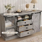 Meuble TV de style rustique - Portes coulissantes de grange et 4 tiroirs, console média pour téléviseurs de 65 pouces dans le salon