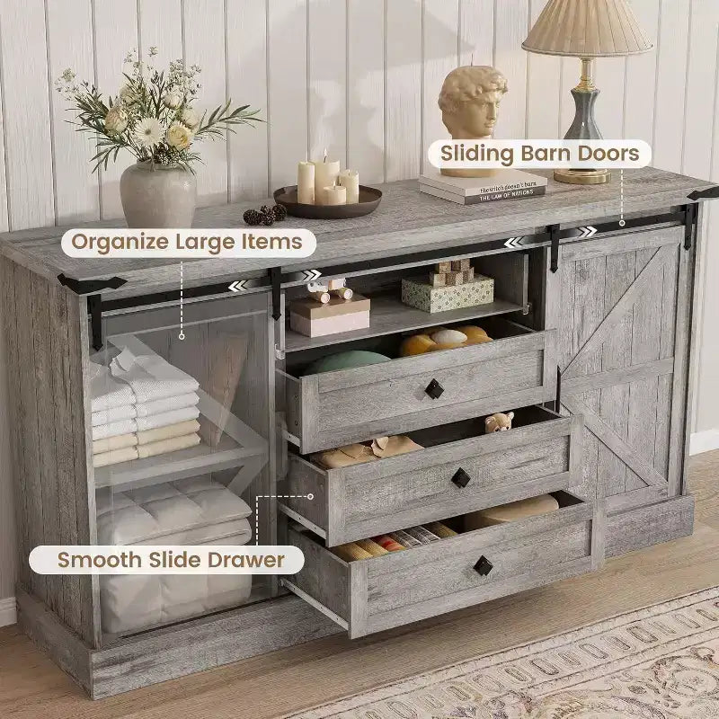 Meuble TV de style rustique - Portes coulissantes de grange et 4 tiroirs, console média pour téléviseurs de 65 pouces dans le salon
