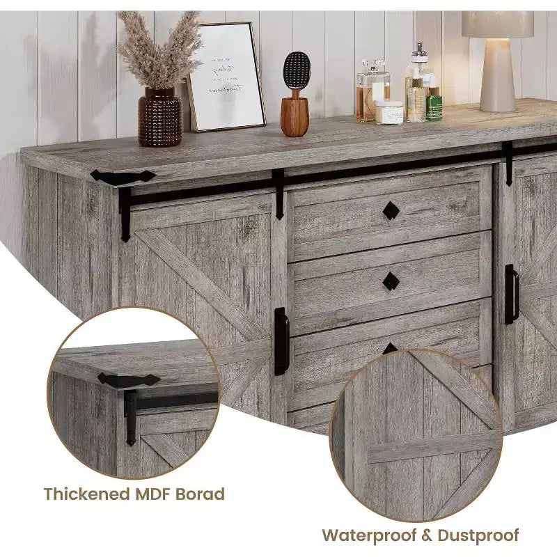 Meuble TV de style rustique - Portes coulissantes de grange et 4 tiroirs, console média pour téléviseurs de 65 pouces dans le salon