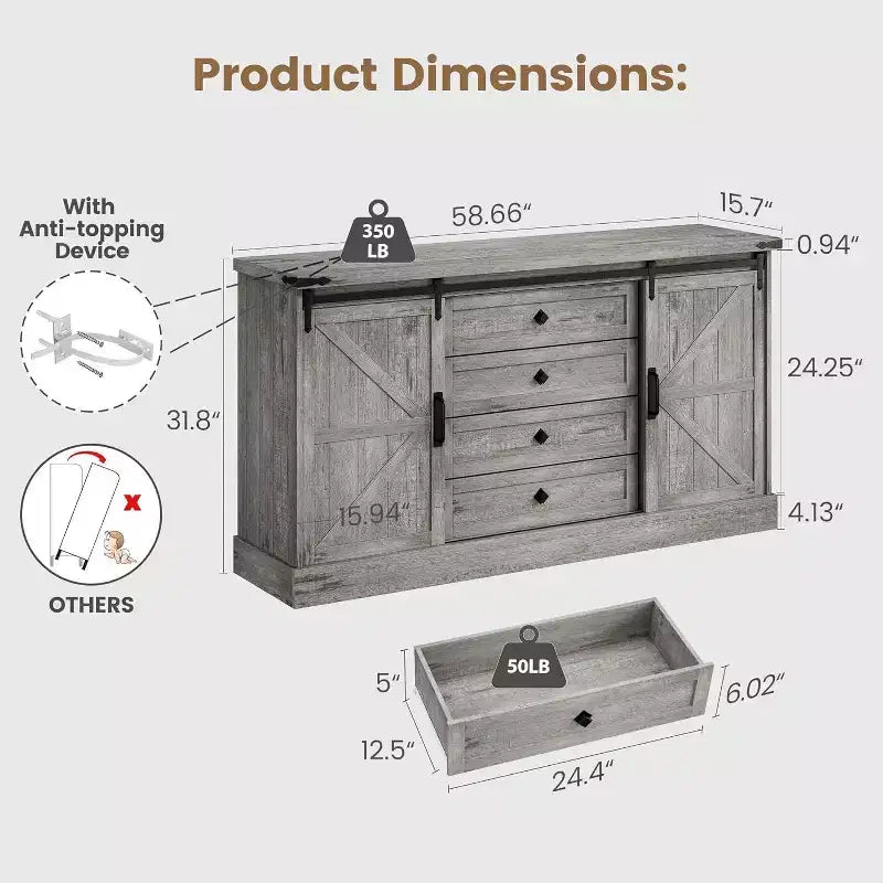 Meuble TV de style rustique - Portes coulissantes de grange et 4 tiroirs, console média pour téléviseurs de 65 pouces dans le salon