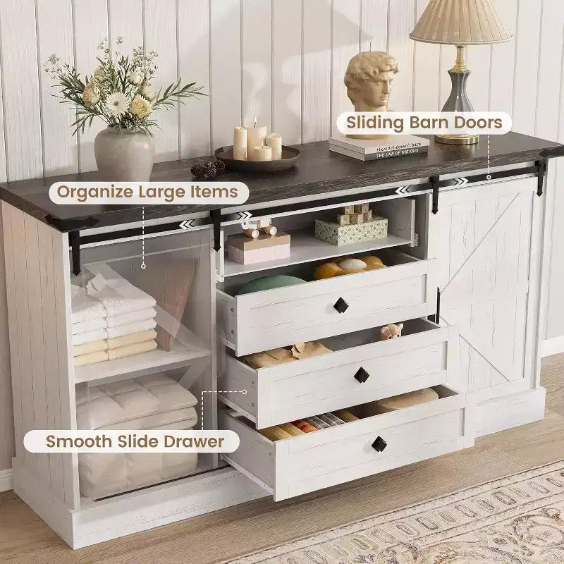 Meuble TV de style rustique - Portes coulissantes de grange et 4 tiroirs, console média pour téléviseurs de 65 pouces dans le salon