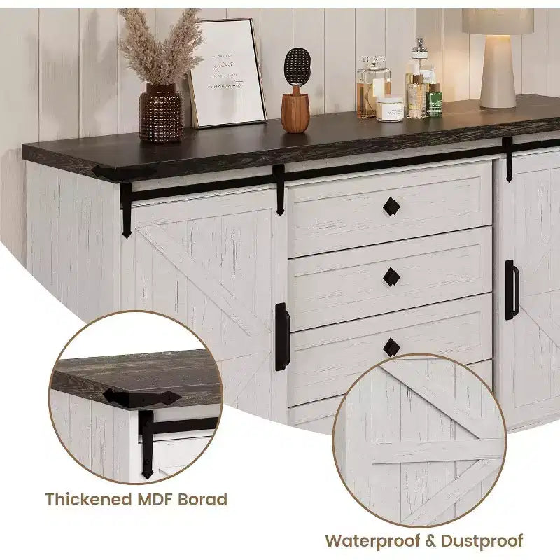 Meuble TV de style rustique - Portes coulissantes de grange et 4 tiroirs, console média pour téléviseurs de 65 pouces dans le salon