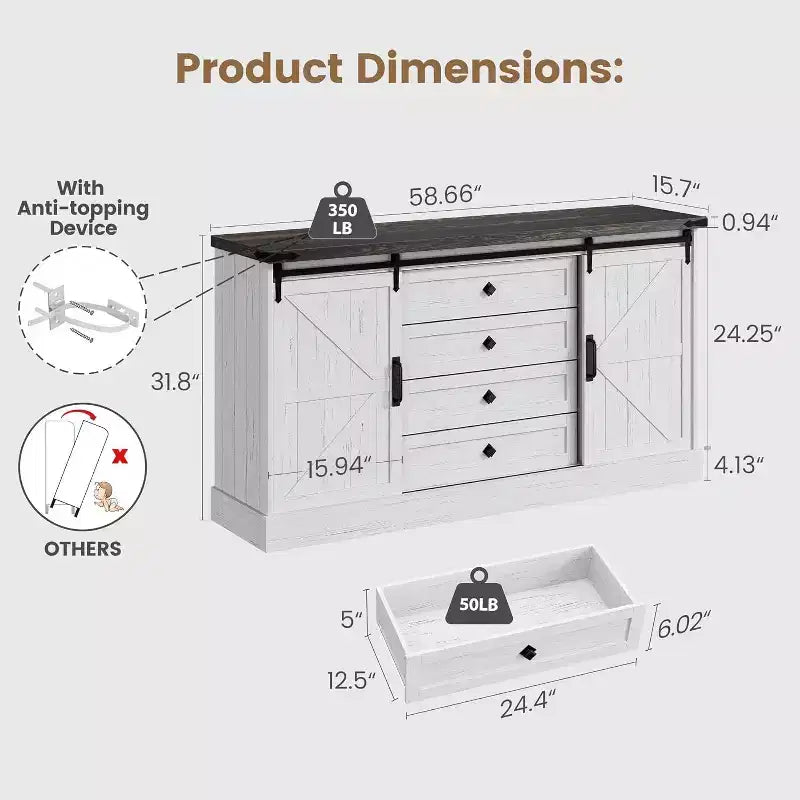 Meuble TV de style rustique - Portes coulissantes de grange et 4 tiroirs, console média pour téléviseurs de 65 pouces dans le salon