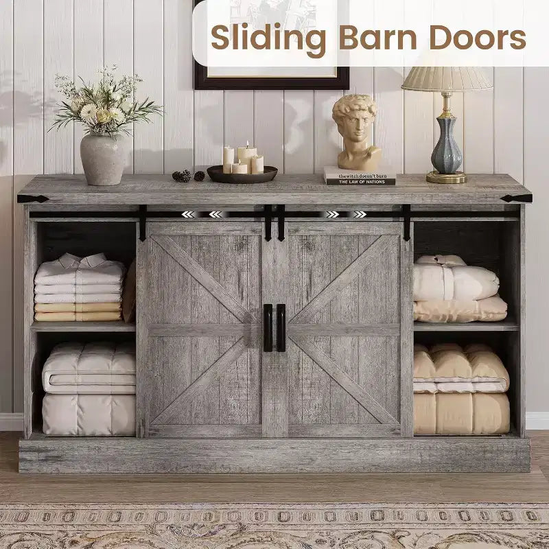 Meuble TV de style rustique - Portes coulissantes de grange et 4 tiroirs, console média pour téléviseurs de 65 pouces dans le salon