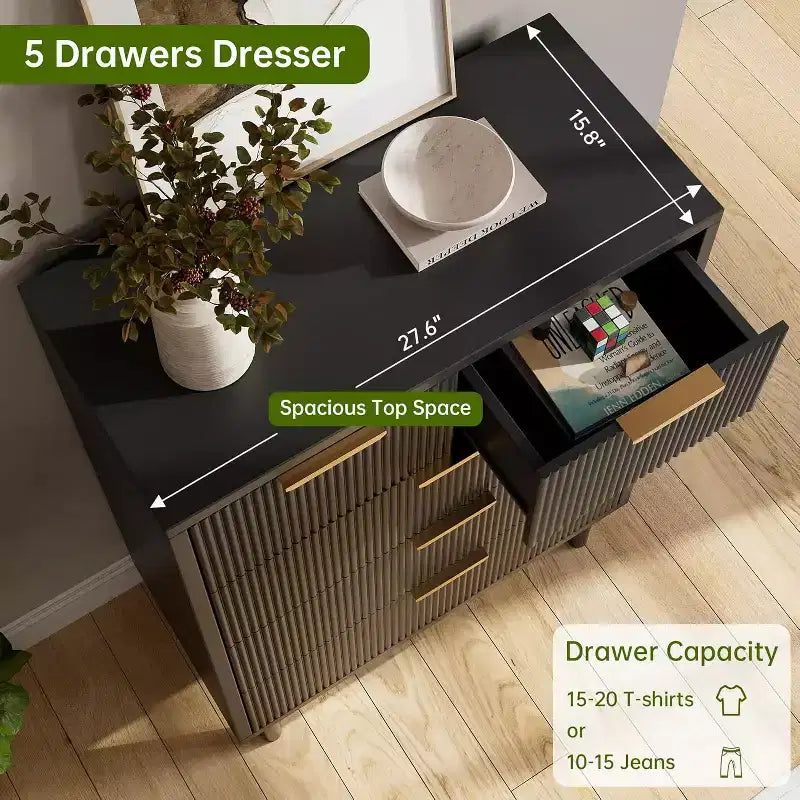 COZONY Commode à 5 Tiroirs Ondulés, Commode Haute en Bois avec Rangement Profond pour Chambre, Nurserie, Salon, Couloir, Placard