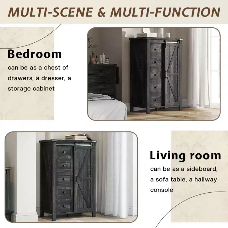 Commode de chambre AMERLIFE style ferme avec tiroirs, armoire de rangement avec portes coulissantes de grange, meuble TV organisateur