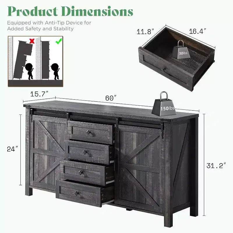 Commode de chambre AMERLIFE style ferme avec tiroirs, armoire de rangement avec portes coulissantes de grange, meuble TV organisateur