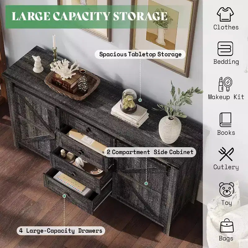 Commode de chambre AMERLIFE style ferme avec tiroirs, armoire de rangement avec portes coulissantes de grange, meuble TV organisateur