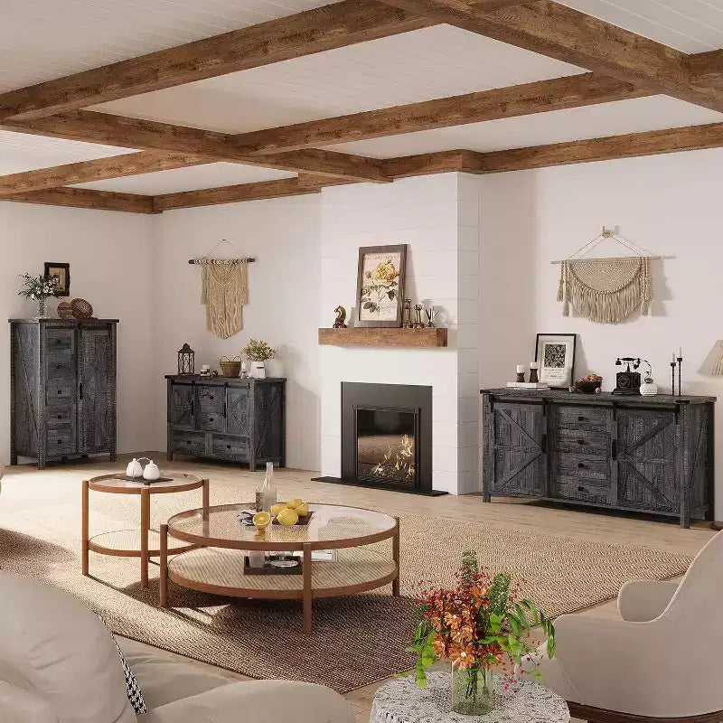 Commode de chambre AMERLIFE style ferme avec tiroirs, armoire de rangement avec portes coulissantes de grange, meuble TV organisateur