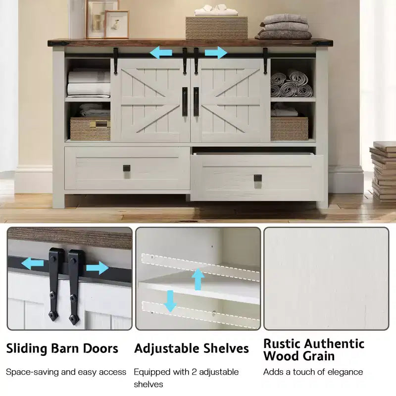 Commode de chambre AMERLIFE style ferme avec tiroirs, armoire de rangement avec portes coulissantes de grange, meuble TV organisateur