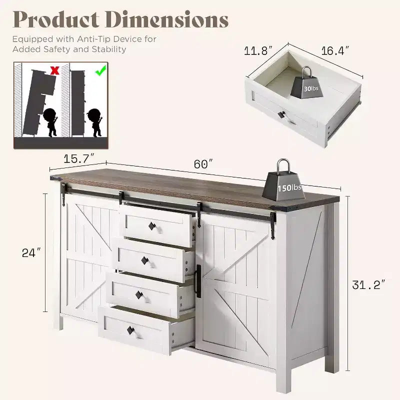 Commode de chambre AMERLIFE style ferme avec tiroirs, armoire de rangement avec portes coulissantes de grange, meuble TV organisateur