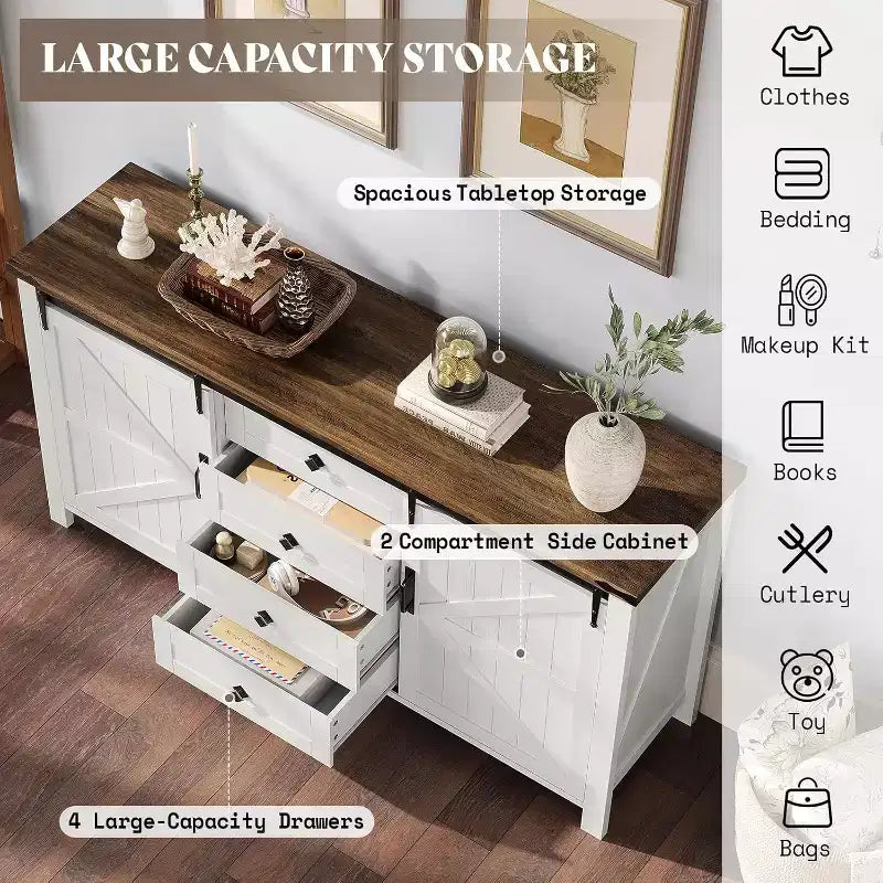 Commode de chambre AMERLIFE style ferme avec tiroirs, armoire de rangement avec portes coulissantes de grange, meuble TV organisateur