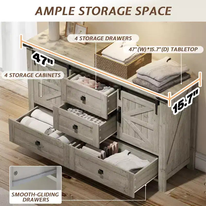 Commode de chambre AMERLIFE style ferme avec tiroirs, armoire de rangement avec portes coulissantes de grange, meuble TV organisateur