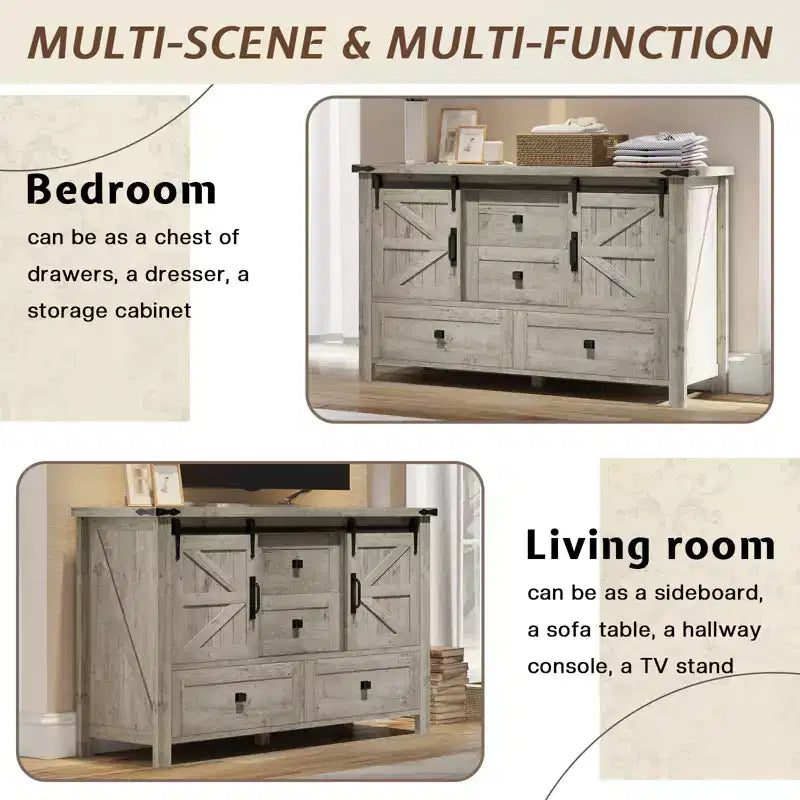 Commode de chambre AMERLIFE style ferme avec tiroirs, armoire de rangement avec portes coulissantes de grange, meuble TV organisateur