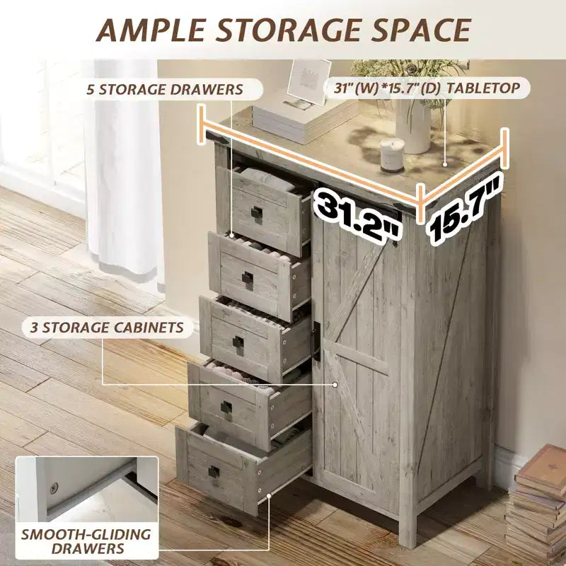 Commode de chambre AMERLIFE style ferme avec tiroirs, armoire de rangement avec portes coulissantes de grange, meuble TV organisateur