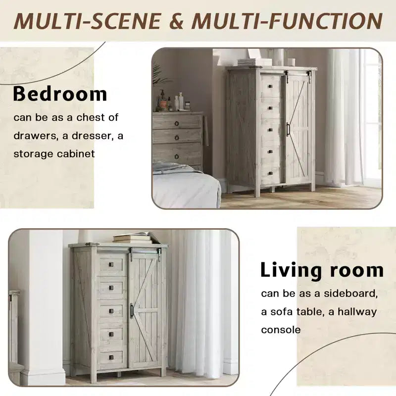 Commode de chambre AMERLIFE style ferme avec tiroirs, armoire de rangement avec portes coulissantes de grange, meuble TV organisateur