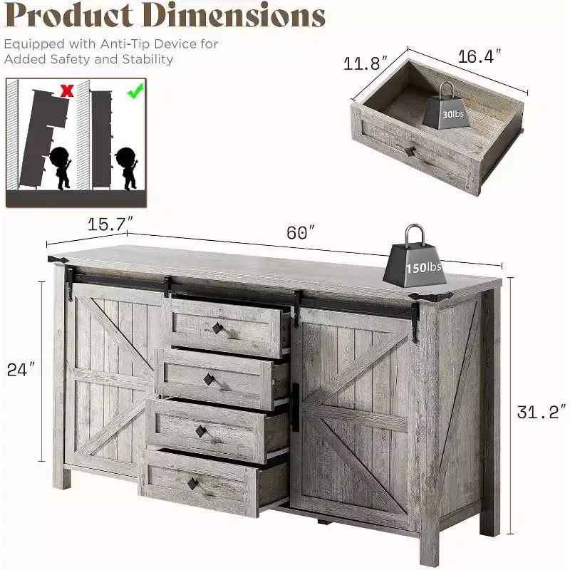 Commode de chambre AMERLIFE style ferme avec tiroirs, armoire de rangement avec portes coulissantes de grange, meuble TV organisateur
