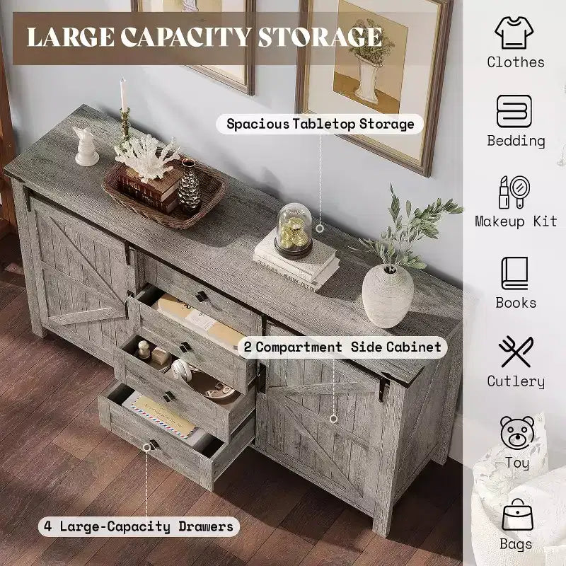 Commode de chambre AMERLIFE style ferme avec tiroirs, armoire de rangement avec portes coulissantes de grange, meuble TV organisateur