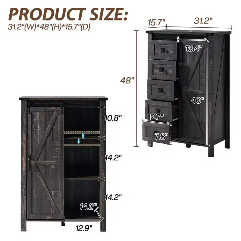 Commode de chambre AMERLIFE style ferme avec tiroirs, armoire de rangement avec portes coulissantes de grange, meuble TV organisateur