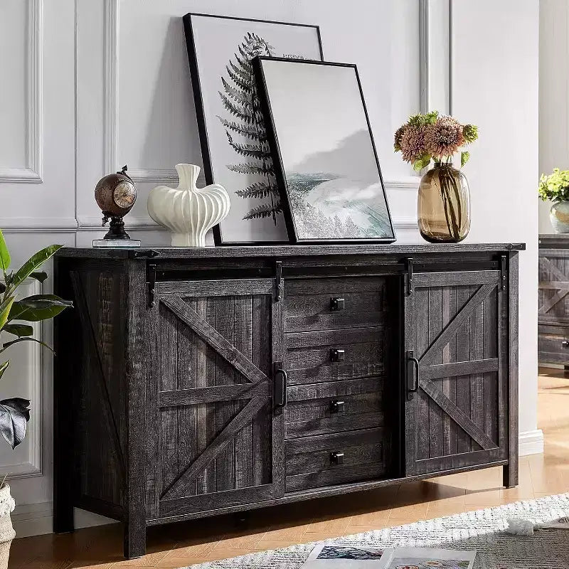 Commode de chambre AMERLIFE style ferme avec tiroirs, armoire de rangement avec portes coulissantes de grange, meuble TV organisateur