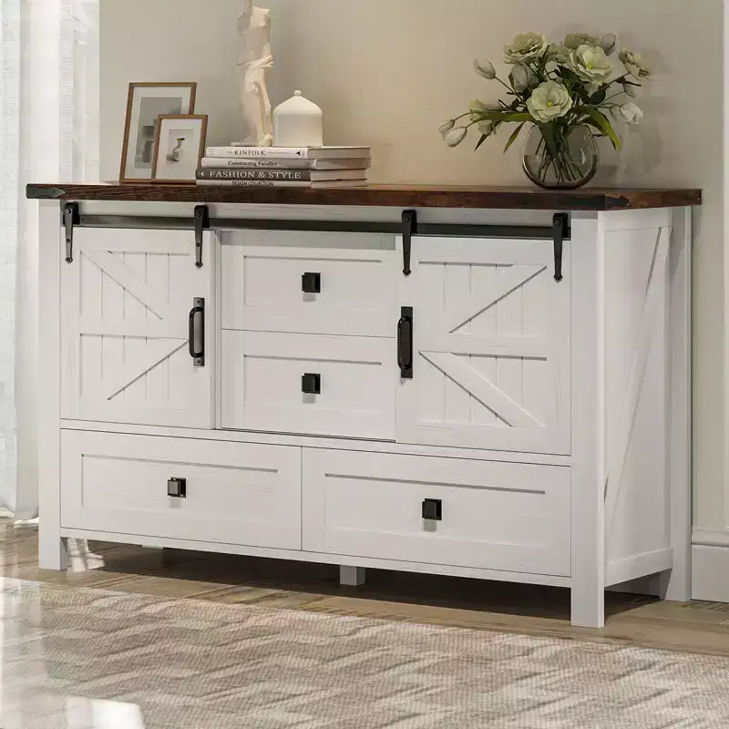Commode de chambre AMERLIFE style ferme avec tiroirs, armoire de rangement avec portes coulissantes de grange, meuble TV organisateur