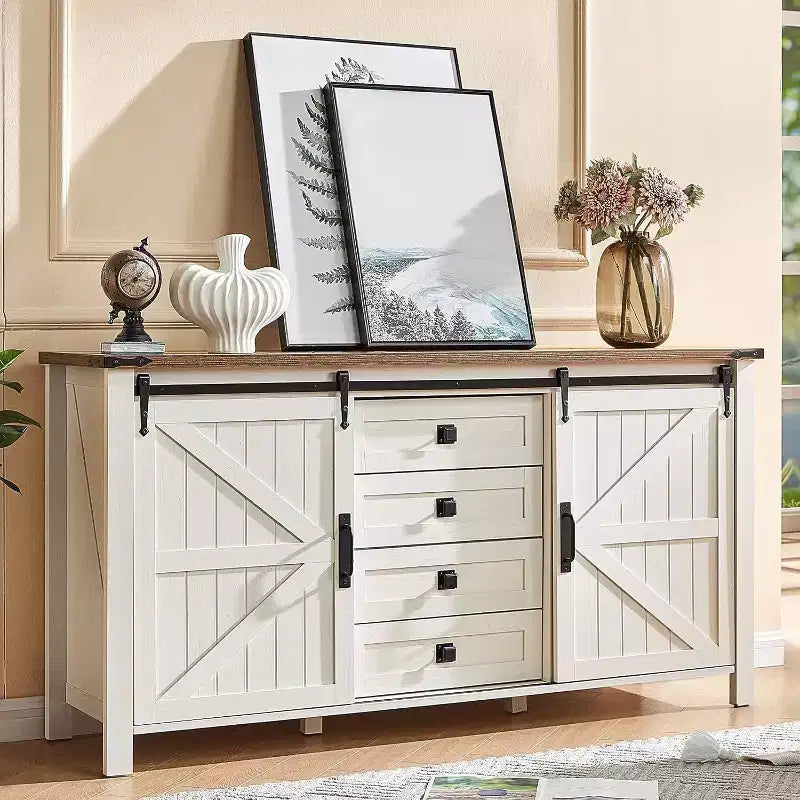 Commode de chambre AMERLIFE style ferme avec tiroirs, armoire de rangement avec portes coulissantes de grange, meuble TV organisateur
