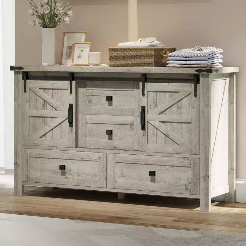 Commode de chambre AMERLIFE style ferme avec tiroirs, armoire de rangement avec portes coulissantes de grange, meuble TV organisateur