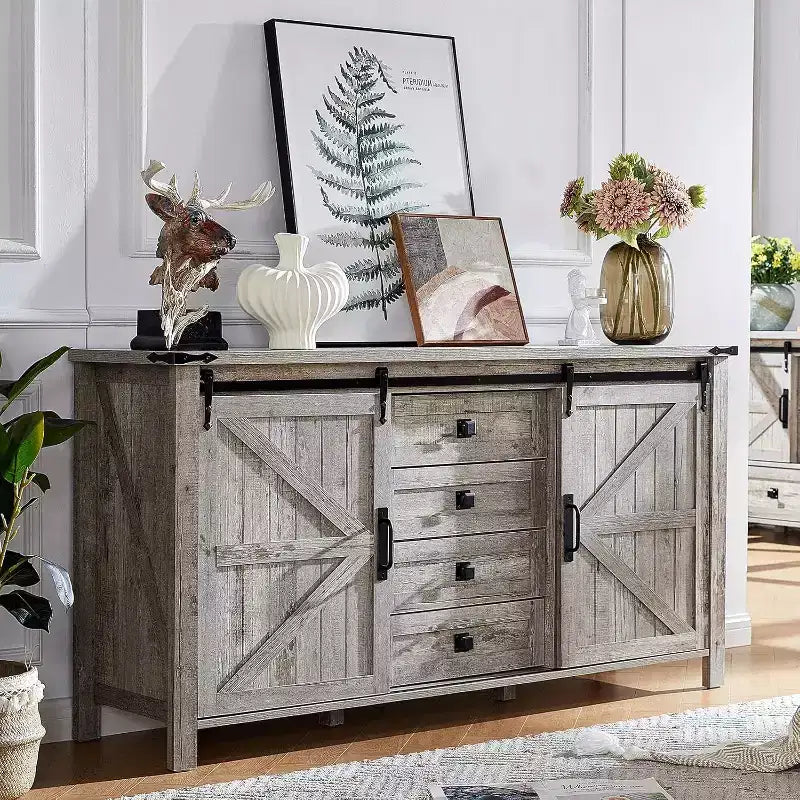 Commode de chambre AMERLIFE style ferme avec tiroirs, armoire de rangement avec portes coulissantes de grange, meuble TV organisateur