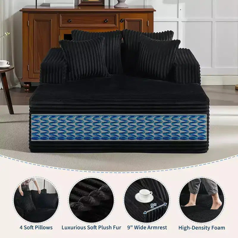 Acekool 61 Chaise Longue Surdimensionnée, Canapé en Velours Côtelé Extra-Large, 4 Oreillers et Accoudoirs, Causeuse Confortable pour Salon ou Chambre, Noir