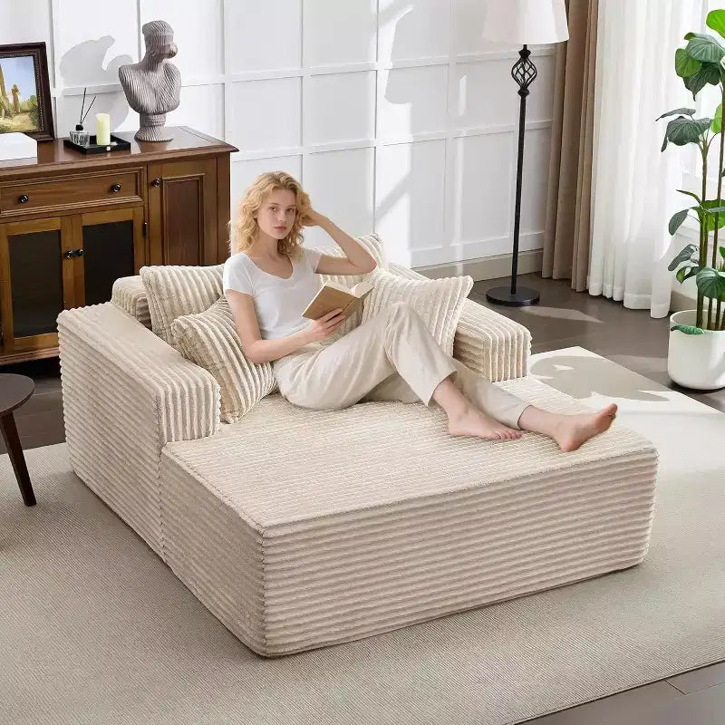 Acekool 61 Chaise Longue Surdimensionnée, Canapé en Velours Côtelé Extra-Large, 4 Oreillers et Accoudoirs, Causeuse Confortable pour Salon ou Chambre, Noir