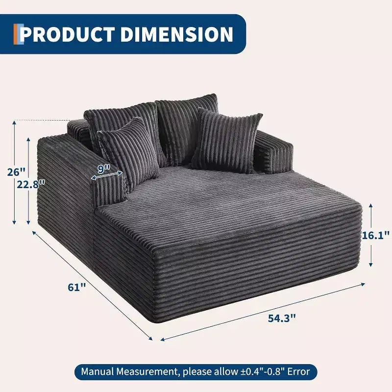 Acekool 61 Chaise Longue Surdimensionnée, Canapé en Velours Côtelé Extra-Large, 4 Oreillers et Accoudoirs, Causeuse Confortable pour Salon ou Chambre, Noir