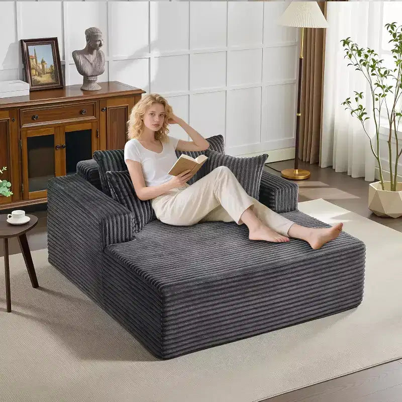 Acekool 61 Chaise Longue Surdimensionnée, Canapé en Velours Côtelé Extra-Large, 4 Oreillers et Accoudoirs, Causeuse Confortable pour Salon ou Chambre, Noir