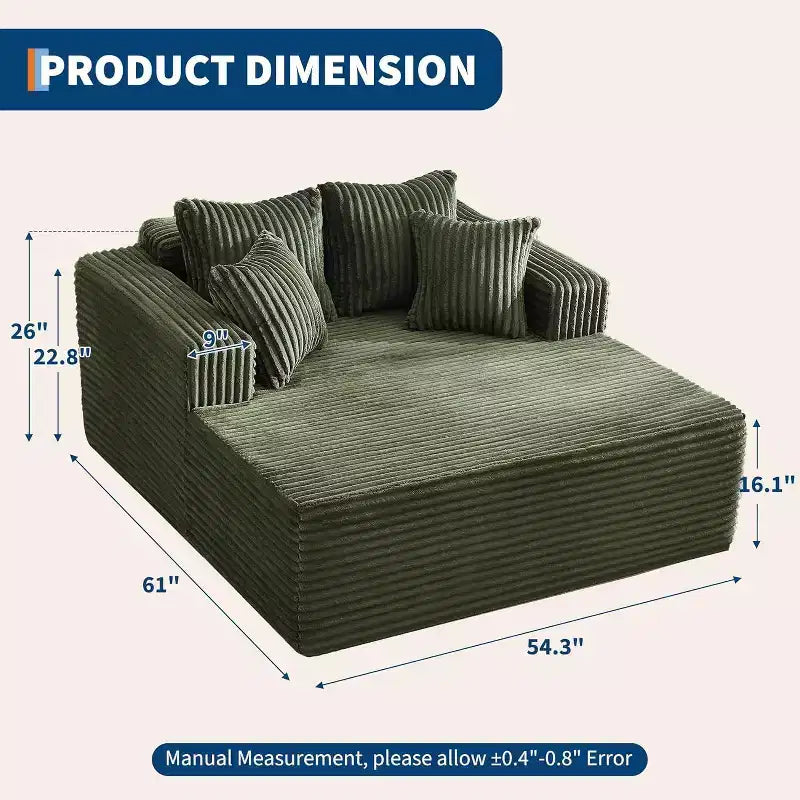 Acekool 61 Chaise Longue Surdimensionnée, Canapé en Velours Côtelé Extra-Large, 4 Oreillers et Accoudoirs, Causeuse Confortable pour Salon ou Chambre, Noir