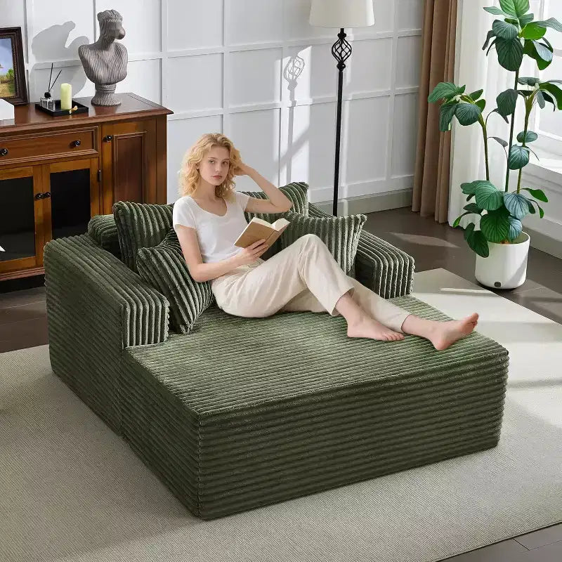 Acekool 61 Chaise Longue Surdimensionnée, Canapé en Velours Côtelé Extra-Large, 4 Oreillers et Accoudoirs, Causeuse Confortable pour Salon ou Chambre, Noir