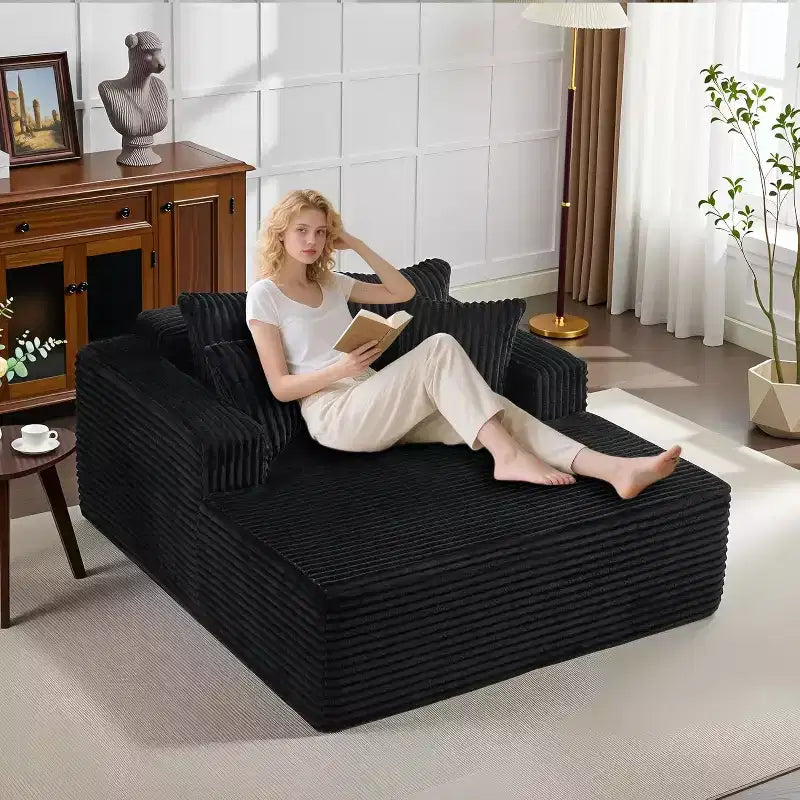 Acekool 61 Chaise Longue Surdimensionnée, Canapé en Velours Côtelé Extra-Large, 4 Oreillers et Accoudoirs, Causeuse Confortable pour Salon ou Chambre, Noir