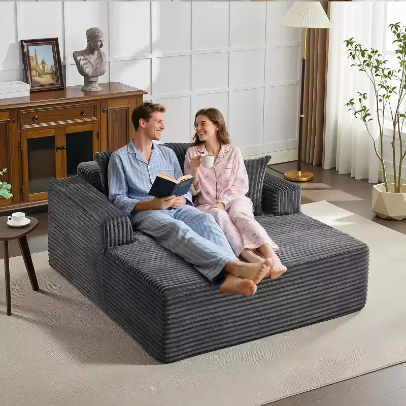 Acekool 61 Chaise Longue Surdimensionnée, Canapé en Velours Côtelé Extra-Large, 4 Oreillers et Accoudoirs, Causeuse Confortable pour Salon ou Chambre, Noir