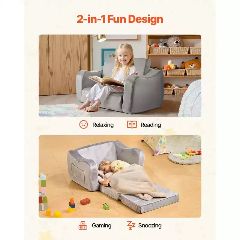 Canapé enfant VEVOR 2-en-1, Canapé souple pliable pour tout-petits avec accoudoirs, en éponge 28D et poils courts, Chaise convertible pour tout-petits en transat, M, Gris