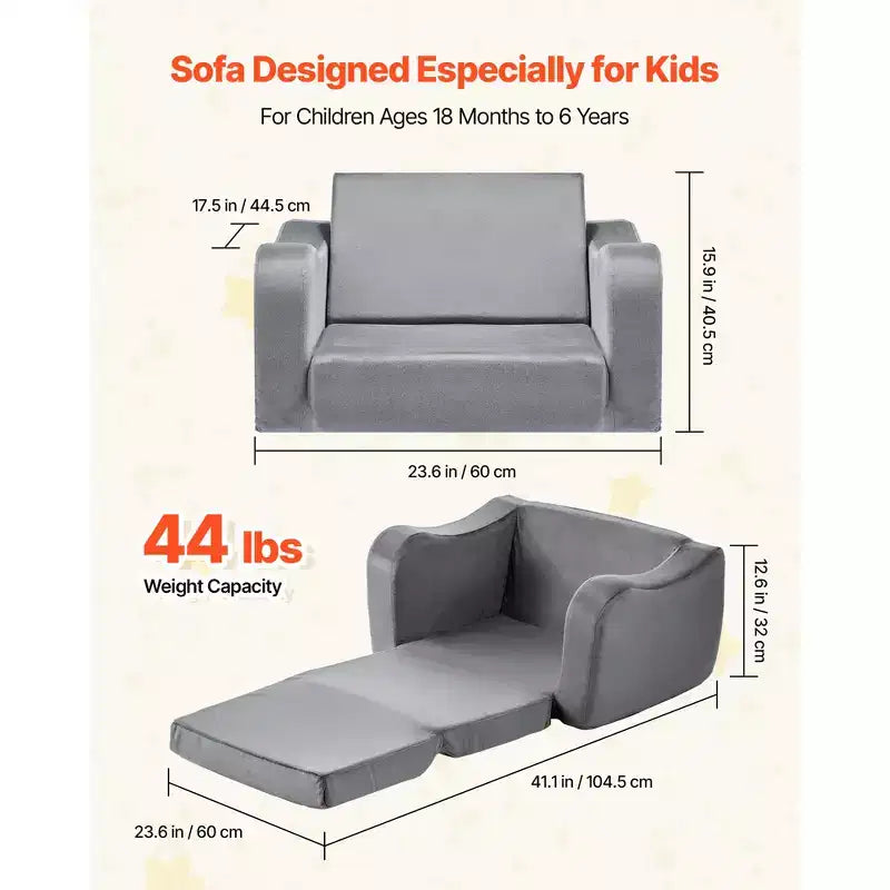 Canapé enfant VEVOR 2-en-1, Canapé souple pliable pour tout-petits avec accoudoirs, en éponge 28D et poils courts, Chaise convertible pour tout-petits en transat, M, Gris