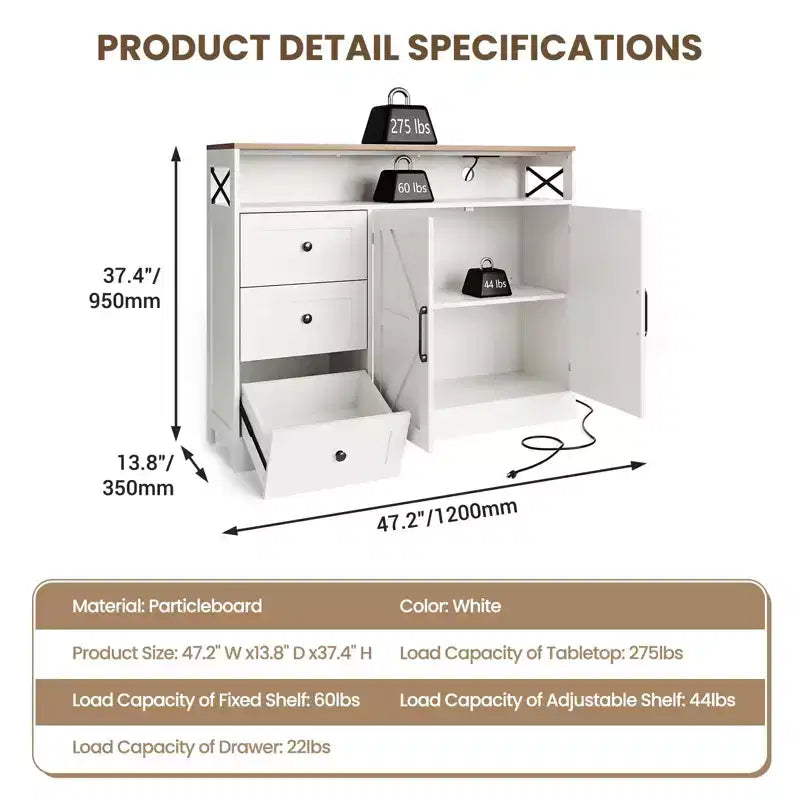 Meuble buffet de ferme CuisinSmart avec rangement et prise de courant intégrée, armoire de salle à manger avec 2 portes et 3 tiroirs pour salon et salle à manger