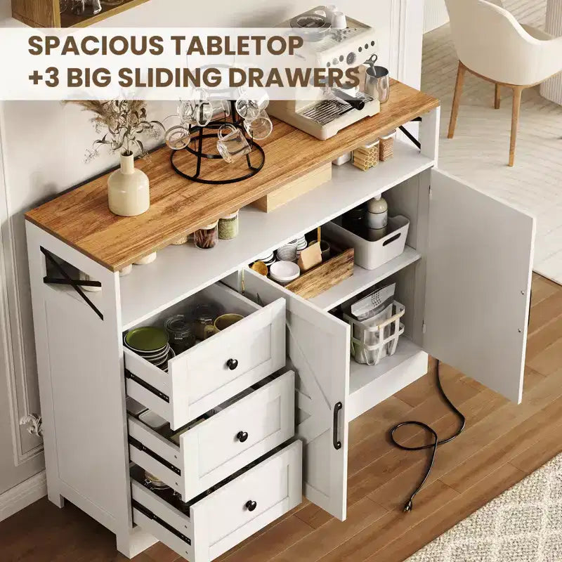 Meuble buffet de ferme CuisinSmart avec rangement et prise de courant intégrée, armoire de salle à manger avec 2 portes et 3 tiroirs pour salon et salle à manger