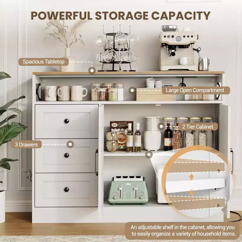 Meuble buffet de ferme CuisinSmart avec rangement et prise de courant intégrée, armoire de salle à manger avec 2 portes et 3 tiroirs pour salon et salle à manger