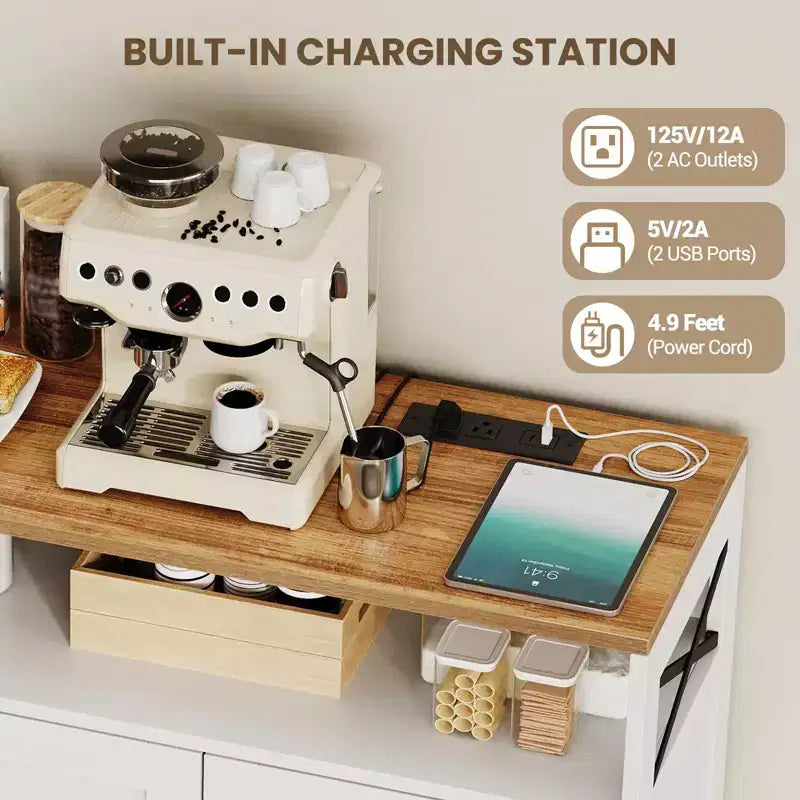 Meuble buffet de ferme CuisinSmart avec rangement et prise de courant intégrée, armoire de salle à manger avec 2 portes et 3 tiroirs pour salon et salle à manger