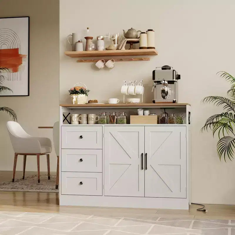 Meuble buffet de ferme CuisinSmart avec rangement et prise de courant intégrée, armoire de salle à manger avec 2 portes et 3 tiroirs pour salon et salle à manger