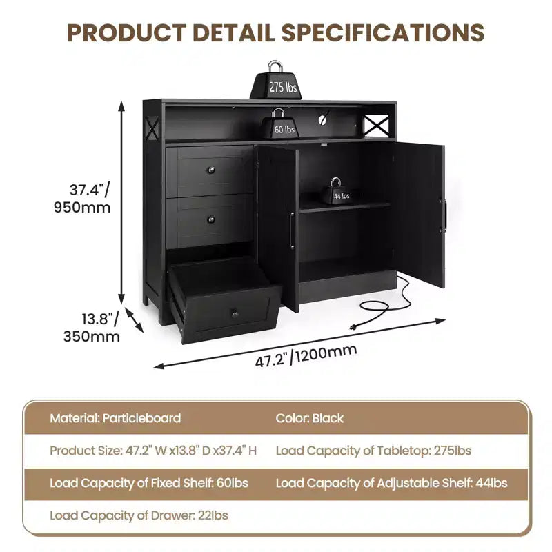 Meuble buffet de ferme CuisinSmart avec rangement et prise de courant intégrée, armoire de salle à manger avec 2 portes et 3 tiroirs pour salon et salle à manger