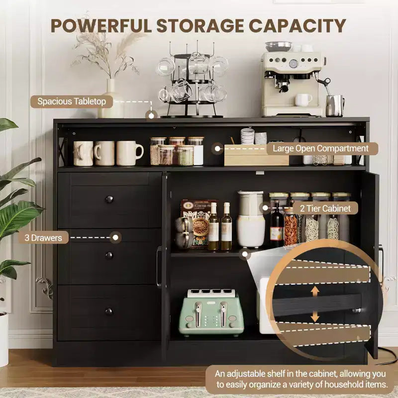 Meuble buffet de ferme CuisinSmart avec rangement et prise de courant intégrée, armoire de salle à manger avec 2 portes et 3 tiroirs pour salon et salle à manger