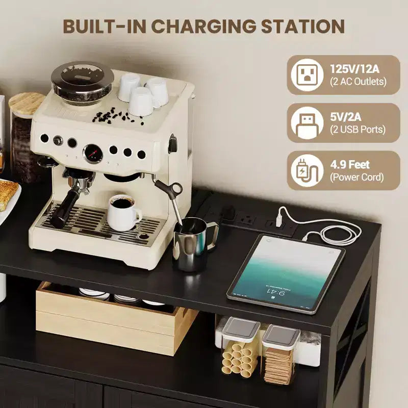 Meuble buffet de ferme CuisinSmart avec rangement et prise de courant intégrée, armoire de salle à manger avec 2 portes et 3 tiroirs pour salon et salle à manger