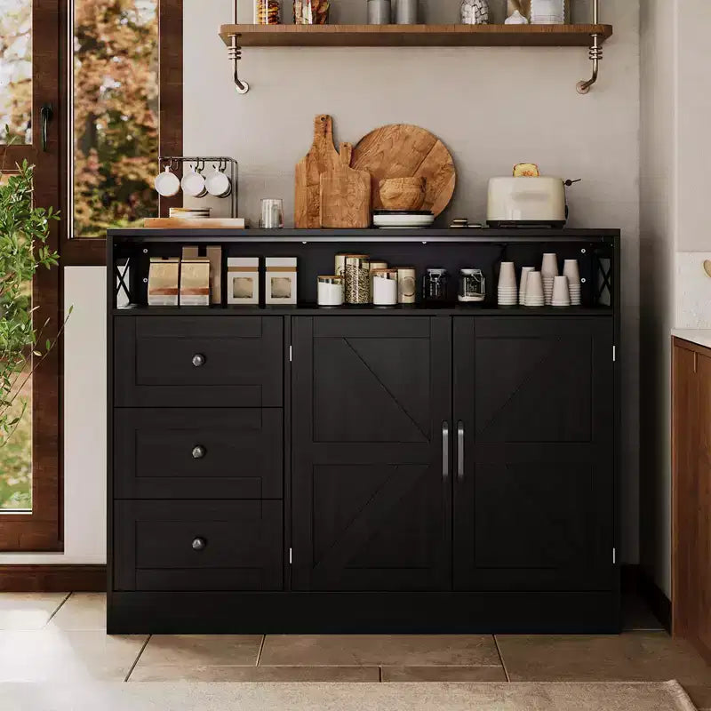 Meuble buffet de ferme CuisinSmart avec rangement et prise de courant intégrée, armoire de salle à manger avec 2 portes et 3 tiroirs pour salon et salle à manger